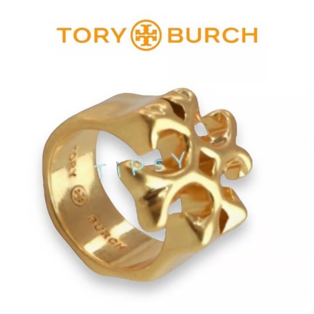 Tory Burch Gold Roxanne T Hammered Style Band Chunky Ring Size 6 NWT